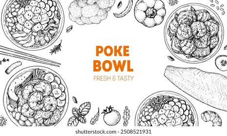 Marco de Poke Bowl. Ilustración vectorial de vista superior de comida hawaiana. Plantilla de diseño de menú de comida. Boceto dibujado a mano. Estilo Antiguas.