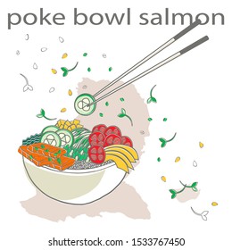 poke bowl with greens and vegetables, salmon, cucumbers, tomatoes, avocado, mango slices, edamame on white rice with chopsticks. hand drawing colour vector illustration