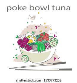 poke bowl with greens and vegetables, tuna, cucumbers, tomatoes, avocado, edamame on white rice with chopsticks. hand drawing colour vector illustration