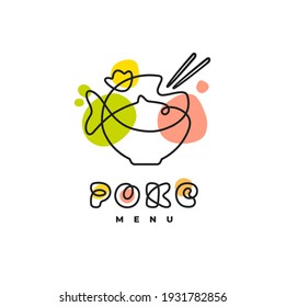 Poke Bowl Hawaiian Cuisine Artisanal Sign. Plate with Fish Healthy Food Restaurant Line Vector Illustration 