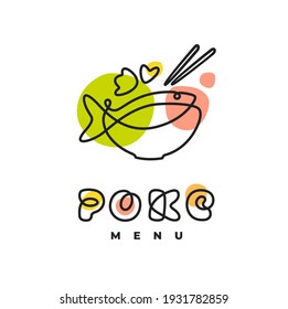 Poke Bowl Hawaiian Cuisine Artisanal Sign. Plate with Fish Healthy Food Restaurant Line Vector Illustration 