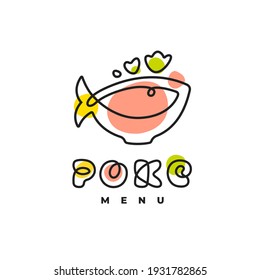 Poke Bowl Hawaiian Cuisine Artisanal Sign. Plate with Fish Healthy Food Restaurant Line Vector Illustration 