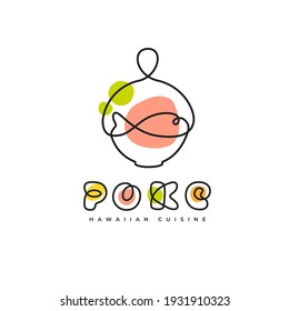 Poke Bowl Hawaiian Cuisine Artisanal Logo. Plate with Fish Healthy Food Restaurant Line Vector Illustration 