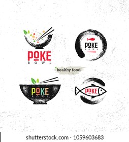 Poke Bowl Hawaiian Cuisine Restaurant Vector Design Element. Healthy Food Menu Creative Rough Illustration On Organic Background.