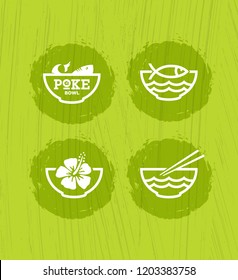 Poke Bowl Hawaiian Cuisine Restaurant Vector Design Element. Healthy Food Menu Creative Rough Illustration On Texture Organic Background