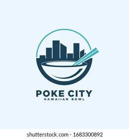 Poke Bowl Hawaiian Cuisine Restaurant Vector Design with city scape on top