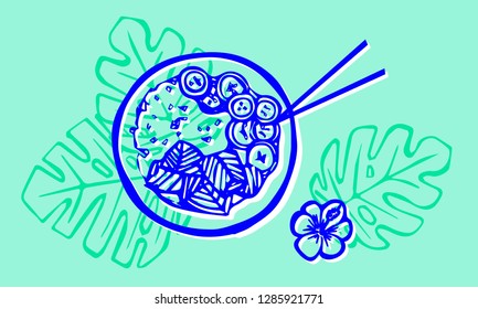 Poke Bowl Hawaiian dish with rice, fresh fish, vegetables, spices and greens. Colorful vector illustration on teal background for web and printing.