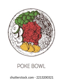 Poke Bowl, comida hawaiana. Ilustración vectorial dibujada a mano. Estilo de esbozo. Vista superior. Ilustración vectorial vintage.