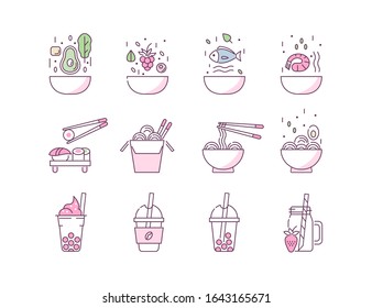 Poke Bowl Icons Set. Various Healthy Meals Symbols. Poke Salad, Noodles, Bubble Tea and Sushi. Asian Food and Beverage Signs Collection. Flat Line Cartoon Vector Illustration.