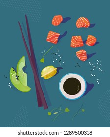 Poke bowl ingredients vector illustration. Salmon peaces, avocado, chopsticks and soy sause. Healthy food concept. Top view
