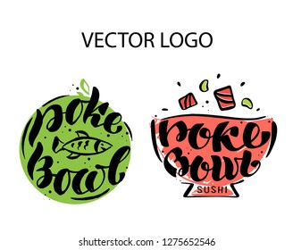 Poke Bowl Logo, icons and stickers for Restaurant Vector Design Element. Hand drawn Illustration. Eco colorful set