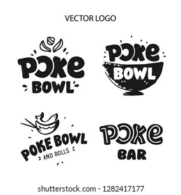 Poke Bowl Logo, icons and stickers for Restaurant Vector Design Element. Hand drawn Illustration. Eco set