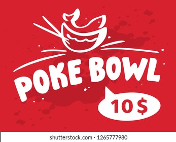 Poke Bowl Logo for Restaurant Vector Design Element. Healthy food menu. Hand drawn lettering with fish illustration. Red background for sale, price