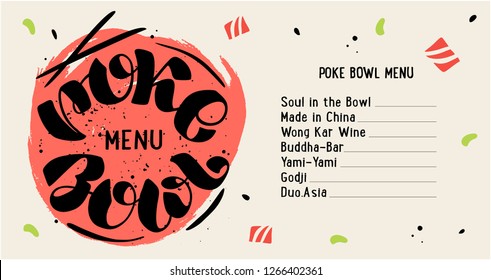 Poke Bowl Logo for Restaurant Vector Design Element. Healthy food menu. Hand drawn Illustration. Text in a circle, illustration calligraphy for menu, banner, poster, postcard