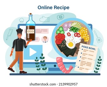 Poke bowl online service or platform. Fresh Hawaiian food with salmon, tuna or shrimp topings, sliced vegetables and seafood. Online recipe. Flat vector illustration