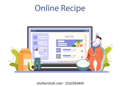 Poke bowl online service or platform. Fresh healthy food with salmon, tuna or shrimp. Hawaiian traditional food. Online recipe. Flat vector illustration