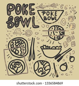 Poke bowl poster. Ingredients of meal in doodle style. Vector conceptual illustration.