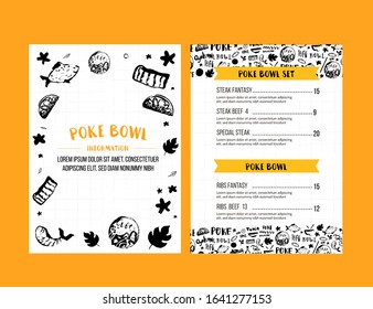 Poke bowl restaurant menu design. Colorful grunge cafe template, healthy hawaiian nutrition, fish banner