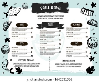 Poke bowl restaurant menu design. Colorful grunge cafe template, healthy hawaiian nutrition, fish banner