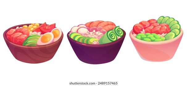 Poke bowl with rice and shrimps, salmon or tuna fish, avocado and cucumber, tomato and corn. Cartoon vector illustration set of traditional oriental meal with seafood and vegetables. Asian dish.