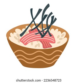 Poke bowl with rice, vegetables, egg, meat, fish, shrimp and seaweed. Asian food. Perfect for restaurant cafe and print menus. Vector hand draw cartoon illustration. 