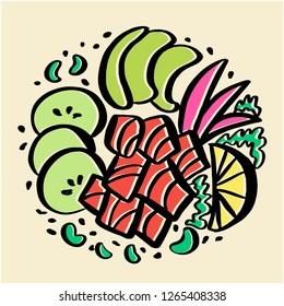 Poke Bowl salad for Restaurant Vector Design Element. Hand drawn Illustration. Doddle organic  colorful Bbackground