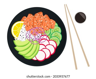 poke bowl with salmon cucumber radishes avocado rice red onion soy sauce chopsticks top view