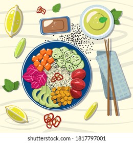 Poke bowl with salmon, rice, chickpeas, vegetables and green tea with mint leaves. Vector illustration in flat style