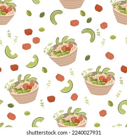 Poke bowl seamless pattern. Asian food background. Poke bowl with rice, egg, meat, fish, shrimp and seaweed. Perfect for restaurant cafe and print menus. Vector hand draw cartoon illustration. 