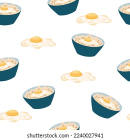 Poke bowl seamless pattern. Asian food background. Poke bowl with rice, egg, meat, fish, shrimp and seaweed. Perfect for restaurant cafe and print menus. Vector hand draw cartoon illustration. 