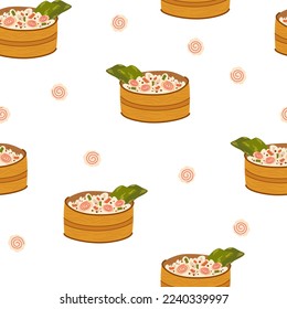 Poke bowl seamless pattern. Asian food background. Poke bowl with rice, egg, meat, fish, shrimp and seaweed. Perfect for restaurant cafe and print menus. Vector hand draw cartoon illustration. 