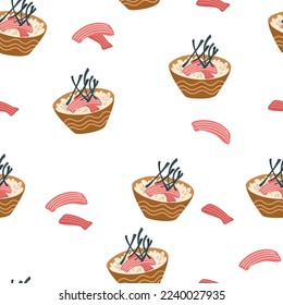 Poke bowl seamless pattern. Poke bowl with rice, vegetables, egg, meat, fish, shrimp and seaweed. Perfect for restaurant cafe and print menus. Vector hand draw cartoon illustration. 