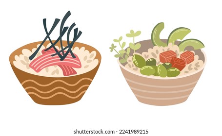 Poke bowl set. Asian food. Poke bowl with rice, vegetables, egg, meat, fish, shrimp and seaweed. Perfect for restaurant cafe and print menus. Vector hand draw cartoon illustration. 