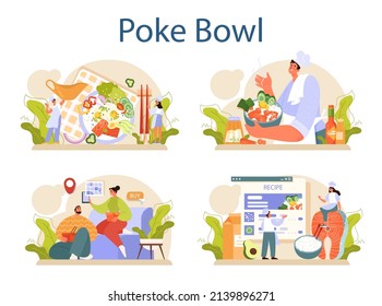 Poke bowl set. Fresh healthy food with salmon, tuna or shrimp toppings. Hawaiian traditional food, sliced vegetables and seafood. Recipe or delivery. Flat vector illustration