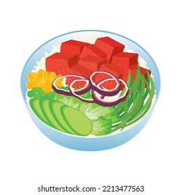 Poke Bowl With Tuna Cubes And Vegetables Icon Vector. Tuna Poke Bowl With Rice, Avocado, Onion, Lettuce And Seaweed Design Element Isolated On A White Background