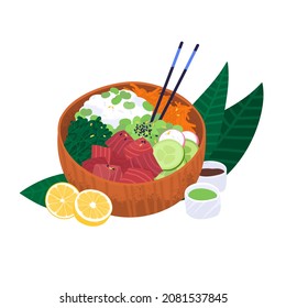 Poke bowl with tuna, cucumber, seaweed, rice, beans, radish and carrot illustration. Veggie asian food on palm leaves, lime and soy sauce around. Hawaiian traditional snack isolated vector.