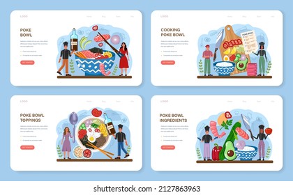 Poke bowl web banner or landing page set. Fresh healthy food with salmon, tuna or shrimp topings. Hawaiian traditional food, sliced vegetables and seafood. Flat vector illustration