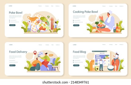 Poke bowl web banner or landing page set. Fresh healthy food with salmon, tuna or shrimp. Hawaiian traditional food, sliced vegetables and seafood. Recipe or delivery. Flat vector illustration