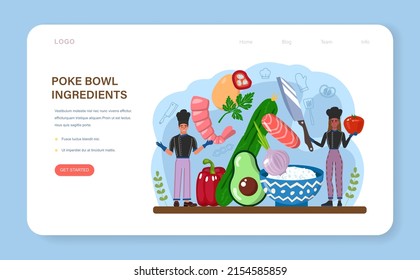 Poke bowl web banner or landing page. Fresh healthy food with salmon, tuna or shrimp topings. Hawaiian traditional food, sliced vegetables and seafood. Flat vector illustration