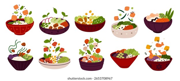 Taças de panela. Produtos combinados, nutrição equilibrada, alimentos saudáveis misturados, vegetais frescos, arroz, salmão, peixe e pedaços de carne em placa , menu havaiano, conjunto isolado de desenhos animados de vetor de garish