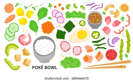 Poke bowls ingredients salmon, tuna, shrimp, seaweed, avocado, cucumber, radish, rice, egg, mango, caviar, mushroom, pepper, onion, sauce, octopus, fried tofu, sesame. Hand drawn vector illustration