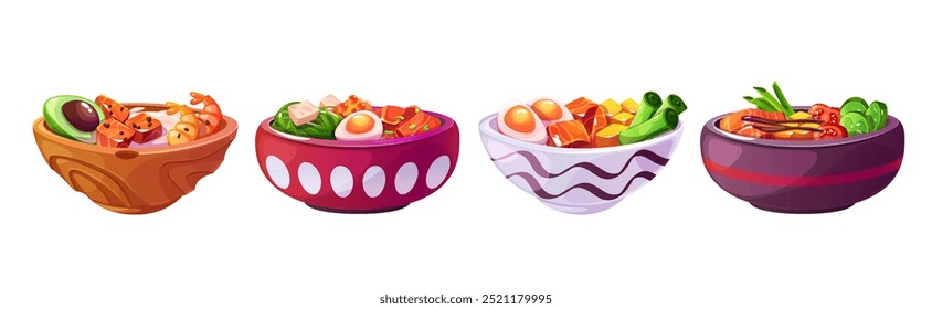 Taças de pontas colocadas isoladas sobre fundo branco. Ilustração cartoon vetorial de refeição saudável asiática com arroz, legumes frescos e frutos do mar, salada com salmão, camarão, caviar, ovo, abacate, ícones do menu café