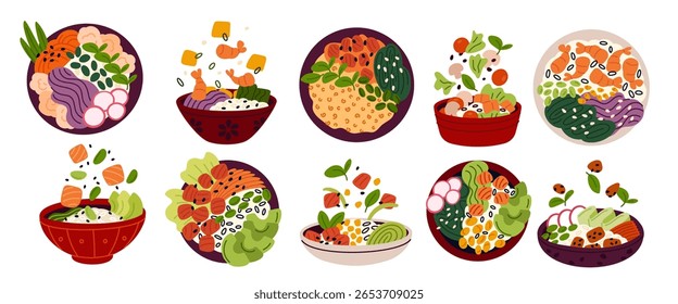 Vista de cima e vista lateral das taças de pique. Refeições leves e equilibradas, comida saudável para esporte, culinária de estilo asiático, salmão e camarão, legumes frescos em arroz, elementos de menu, conjunto isolado de desenhos animados de vetor de garish