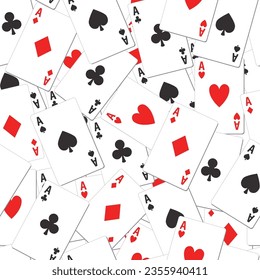 Poker ace pattern, vector seamless casino background with card suits, clubs, hearts, spades and diamonds