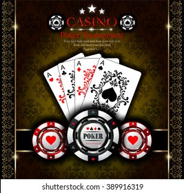 Poker aces. Poker chip. Casino. Ornaments background.Vip.Vintage style and Poker Tournament label. All-in.