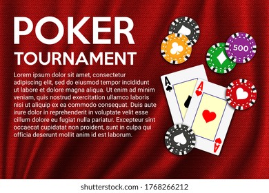 Poker background in red cloth with aces and poker chips. Vector illustration.	
