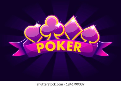 Poker banner background for lottery or casino, slot gambling icons with ribbon and game card signs