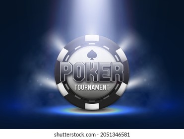 Poker banner Casino logo with chip illuminated by spotlights. Vector illustration.