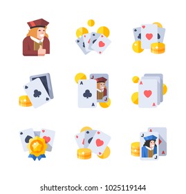 Poker, Black Jack or baccarat icons set - vector playing cards or gambling casino symbols
