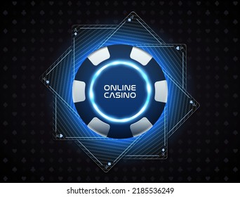 Poker Black Silver Chip, Carbon Fiber Ace And King Playing Card Vector Casino Logo. Blackjack Tournament Emblem LED Backlight On Dark Casino Background. Futuristic Poker Club Blue Neon Light Circle